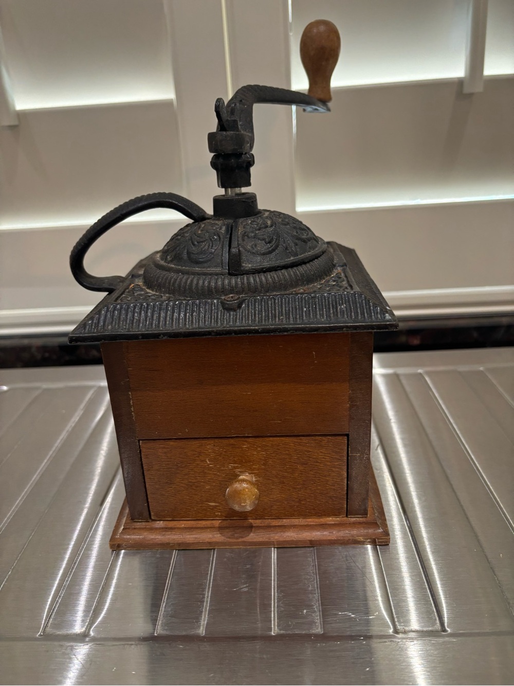 Antique Wooden Hand Coffee Grinder with Cast Iron Top